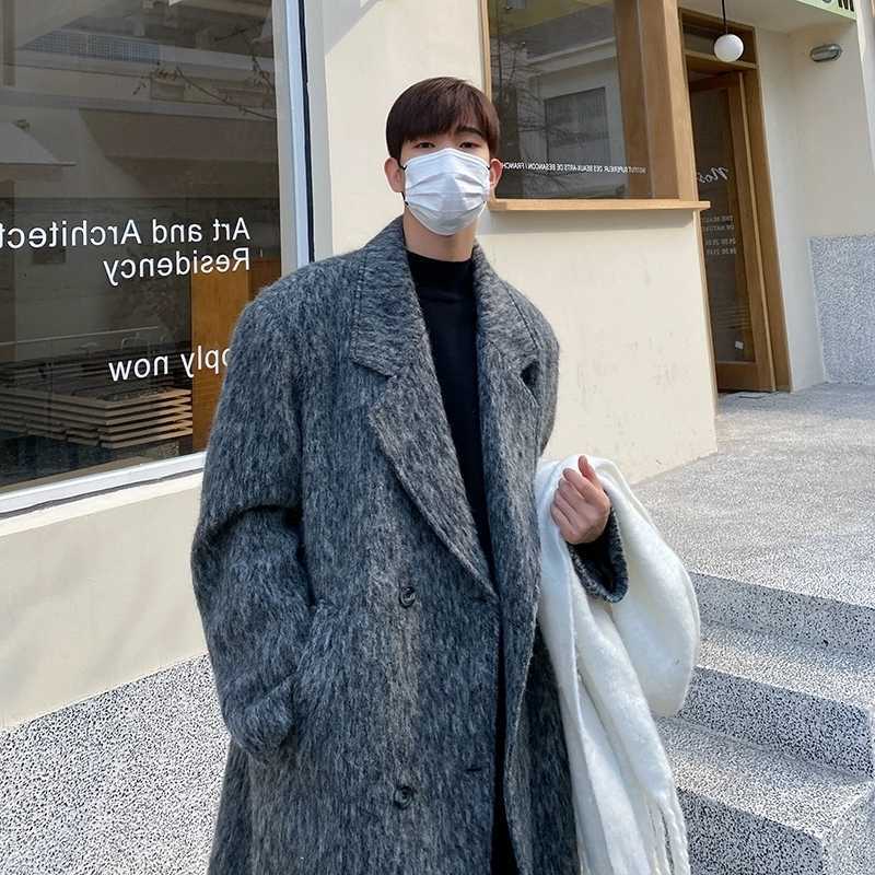 Men's Men's Winter Wool Blends Woolen Coat Long Over-Knee Double-Row Buttoned Loose Fit Fashion Urban Style Korean Windbreaker Outerwear D