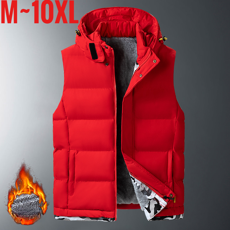 Big Size Men's Padded Vest Hooded Zip-up Fleece lined Sleeveless Jacket Male Winter Thick Warm Brushed Work Hiking Plus 9XL 10XL J260921