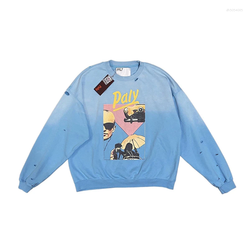 Men Women Unisex Cotton Character Pattern Print Paly Sweatshirts Vintage Washed Blue Damaged Hole Crewneck Pullovers Tags