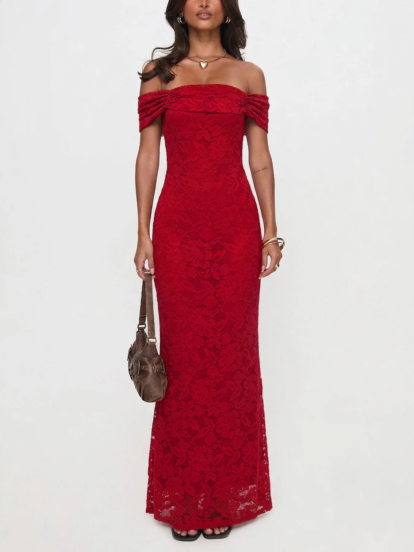 Off Shoulder Floral Lace Maxi Dress Women Bodycon Mermaid Long Dress Elegant Evening Party Prom Formal Red Dresses 260920