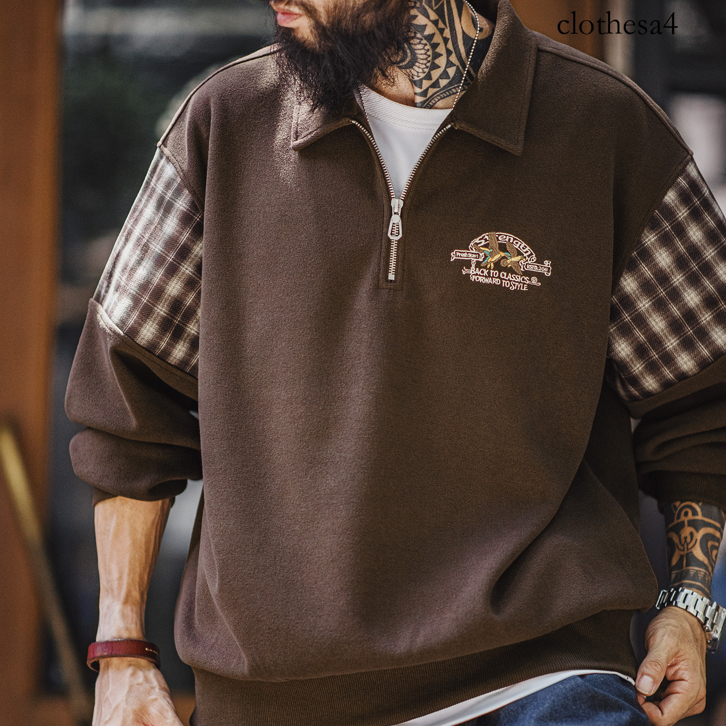 Maden Vintage Half-Zip Men Brown American Casual Retro Color Block Embroidered Pullover Sweatshirt Outerwear Fall