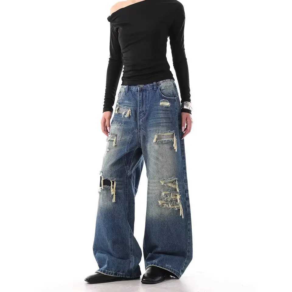 Women's Blue Ripped Casual Denim Pants Cargo Baggy Harajuku Streetwear Aesthetic Fashion Washed Vintage Denim Fabric Clothing S2609213QUJ