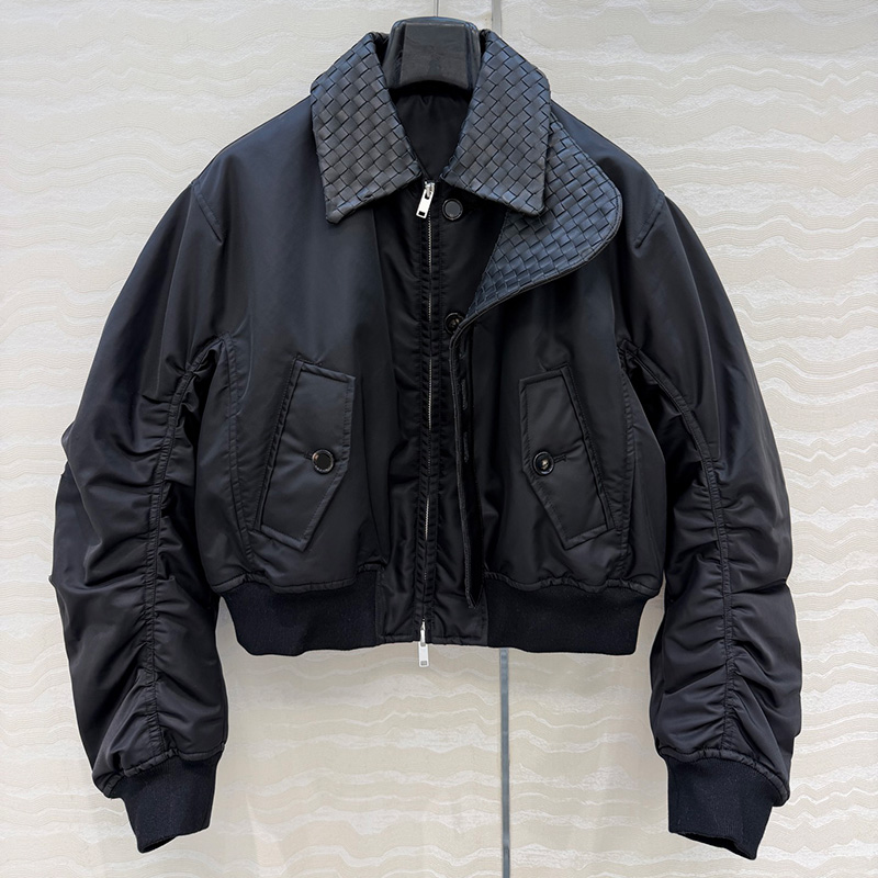 Cropped Bomber Jacket For Women Woven Lapel Collar Ruched Sleeve Padded Coat Winter Commuter Style Casual Long Sleeve Overcoat