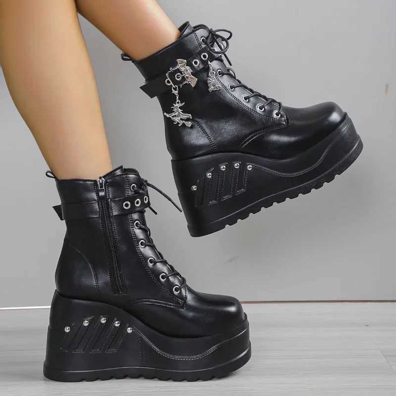 2024 New Boots for Women Fashion Hot Sale Punk Goth Platform Heels Wedge Women's Boots Casual Goth Punk Size 43 Women's Shoes L26921