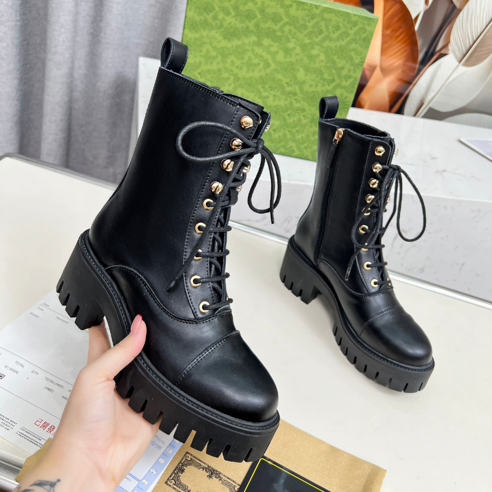 Designer boots fashionable women thick soled lace up combat boots thick platform block heel ankle boots side zipper anti slip black leather short bo