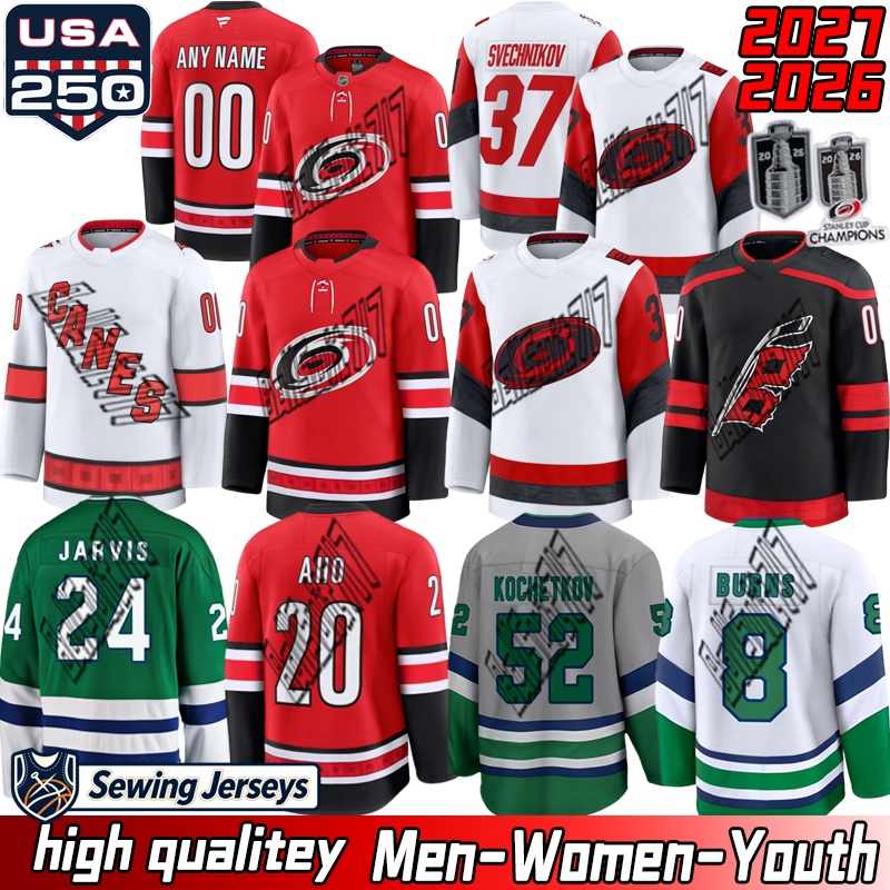 #20 Aho A und #37 Svechnikov #22 Stankoven #24 Jarvis Carolinacity Hurricaney Trikot 2026 2027 Hockey-Trikots
