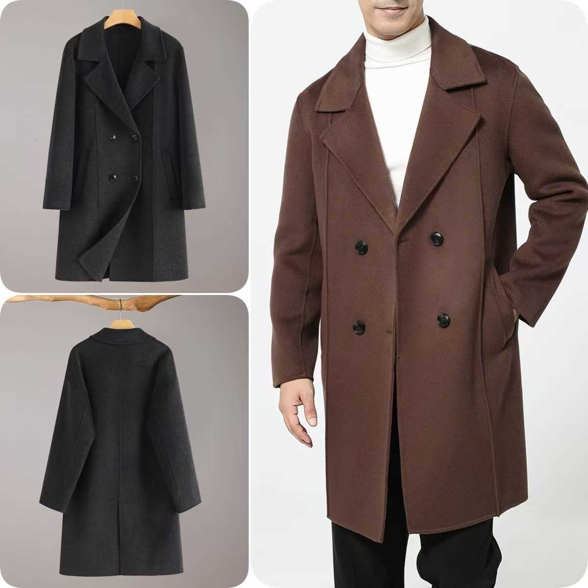 Double-Breasted Men's Wool Blends New Men'S Double-Sided Wool Coat 100% Pure Wool Autumn And Winter Lapel Collar Mid-Length Trench Coat D2