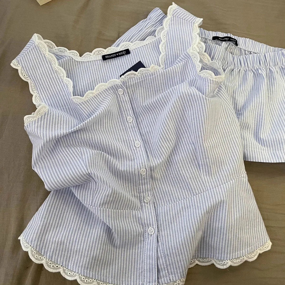 Summer Stripe Sleepwear Women Home Clothes Vest Set Lace Trim Cotton Sleeveless Round Neck Tank Top Shorts 2 Piece Pajamas 260920