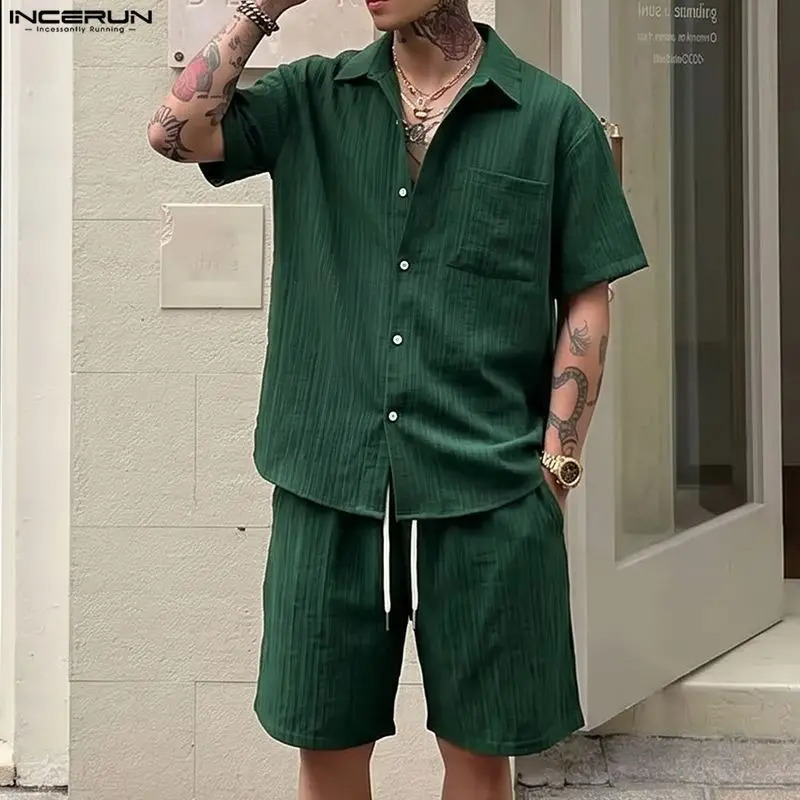INCERUN Men's Sets Solid Lapel Short Sleeve Shirt Shorts Two Piece Streetwear Loose Summer 2026 Casual Men Matching 260911