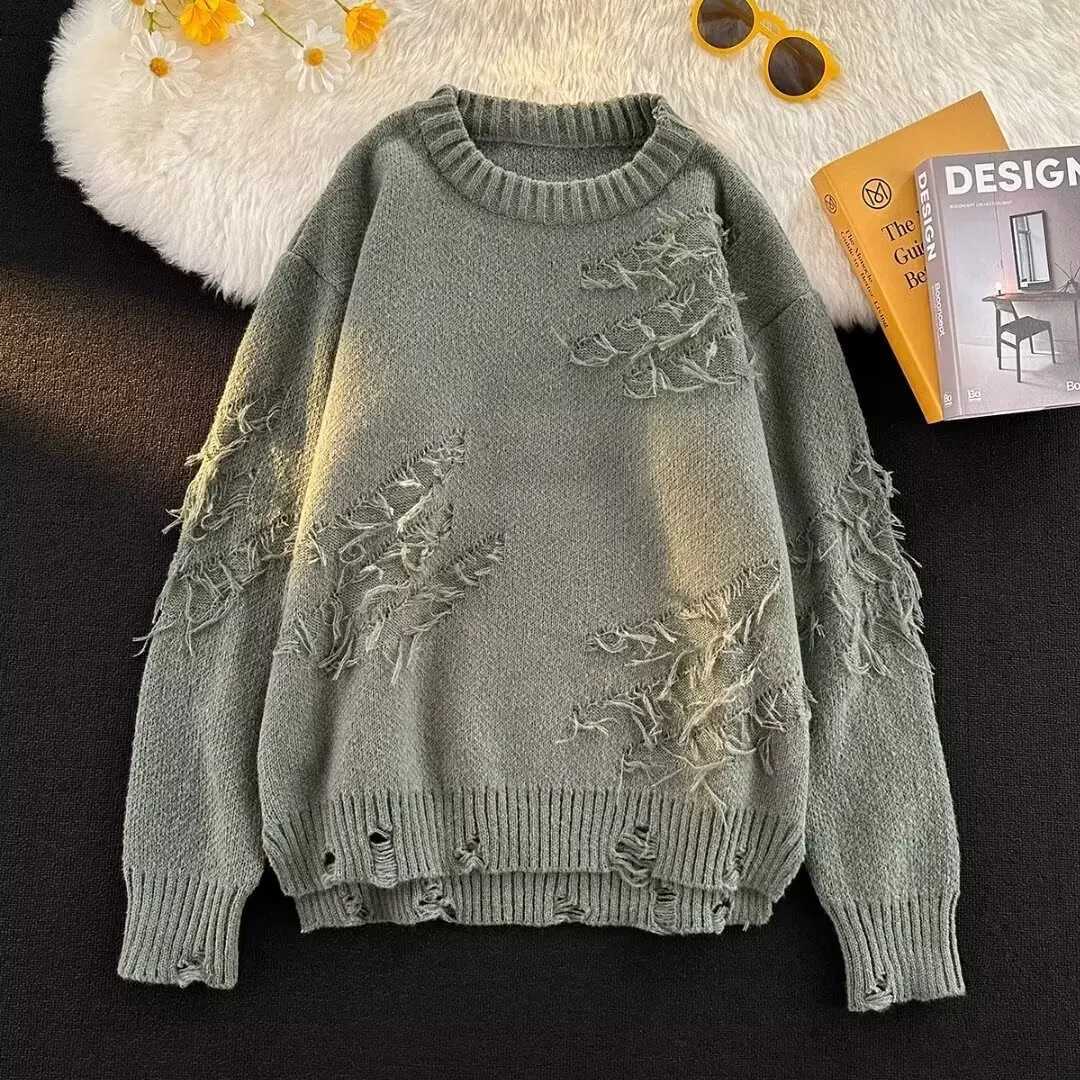 Retro Solid Color Loose Fit round Neck Knitted Sweater with Distressed Edges Korean Style Long Sleeve for Men And Women S260921LA1S