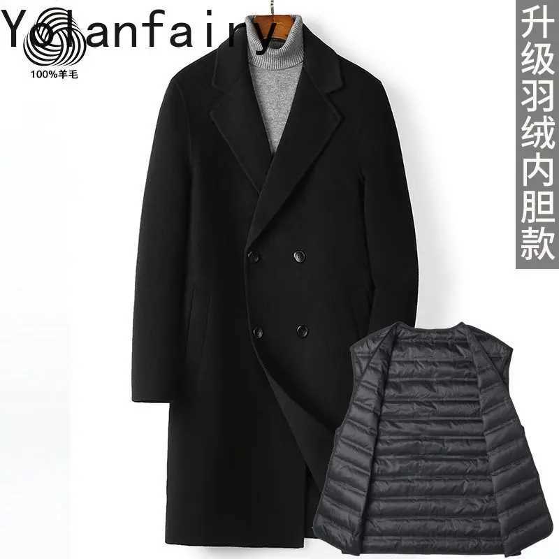 YOLANFAIRY Blends Men's 100% Wool Coat Men faced Woolen Jacket Double breasted Suit Collar Warm Down Coats Autumn Winter D260921 09