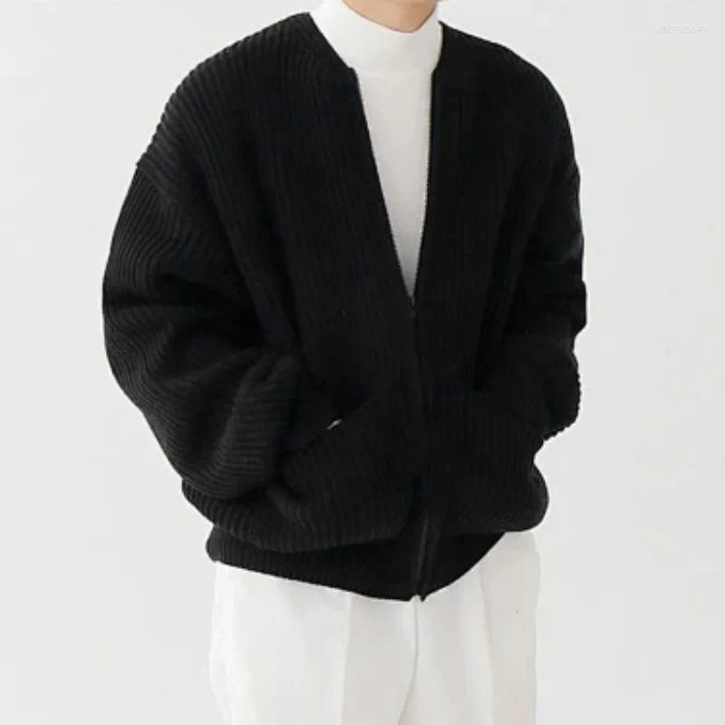 Men Solid V Neck Zip Cardigan Spring Autumn Loose Casual Fashion Male Knit Outerwear With Pockets