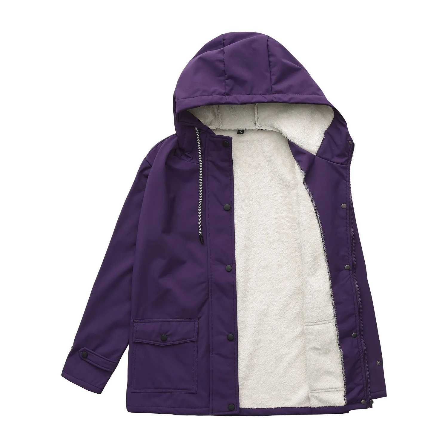 Women's Jackets Winter Women's Long-sleeve Hooded Trench Coat Purple Fleece-Lined Jacket European Size Green Waterproof Overcoat. C260921