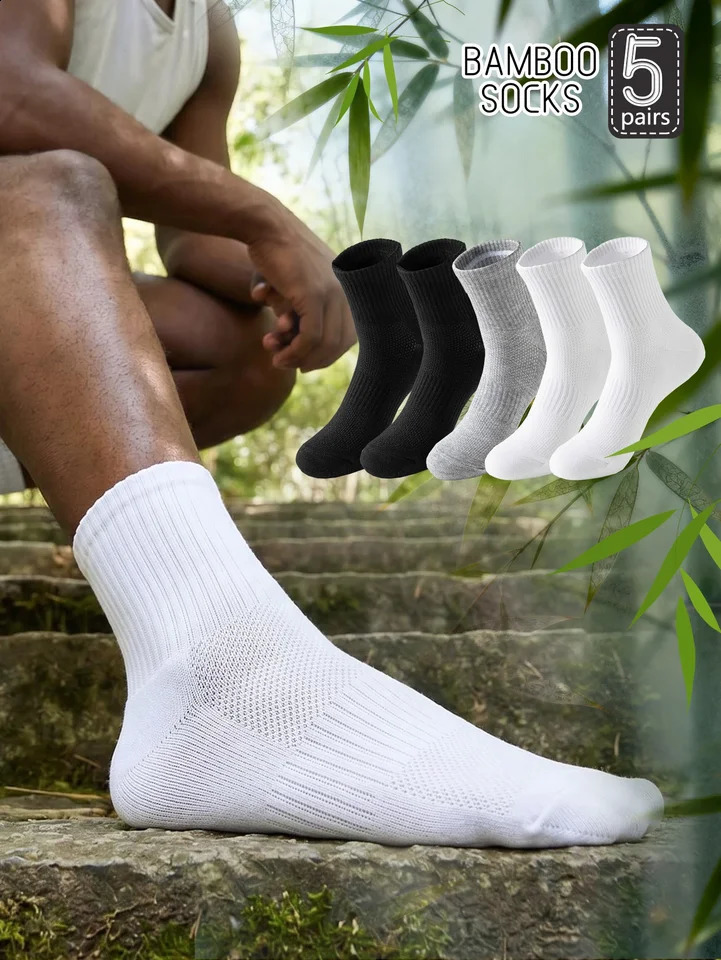 5 pairs Bamboo Fiber Mesh Socks Men Summer Thin Breathable AntiSweat No Smell Medium Tube for Business Commute Sports 26921