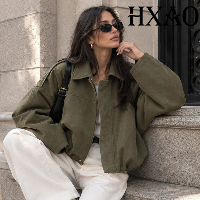 HXAO Suede Bomber Jacket Demi-Season Women's Cropped Jackets Coat Trendy Long Sleeve Oversized Green Jacket Autumn Outerwear 260920