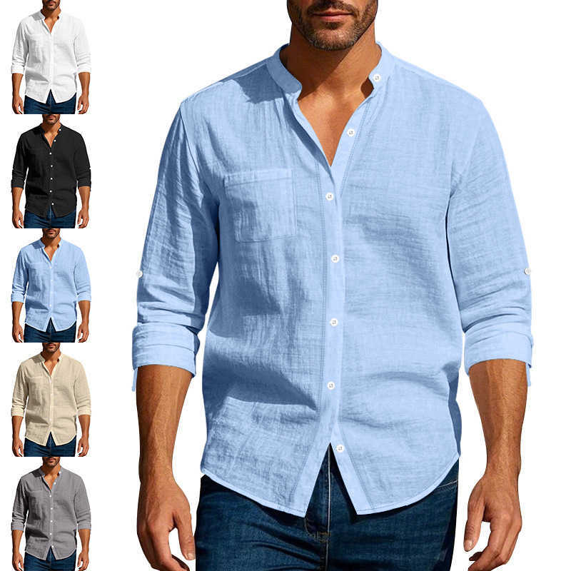 Casual Shirts Summer Men's Men's Shirt - Linen Material Long Sleeves Stand-Up Collar Breathable and Casual Chinese-Style Pocketed Shirt fo