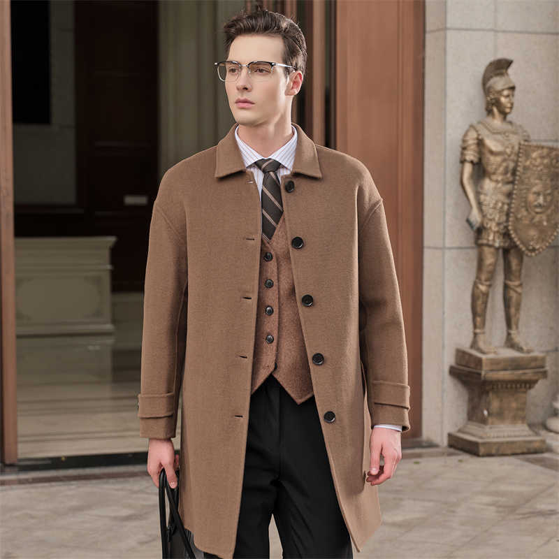 Wool Men's 100% Wool Blends Men'S Double-Sided Woolen Coat Autumn And Winter Long Thickened Coat With A Turn-Down Collar Warm Windbreaker