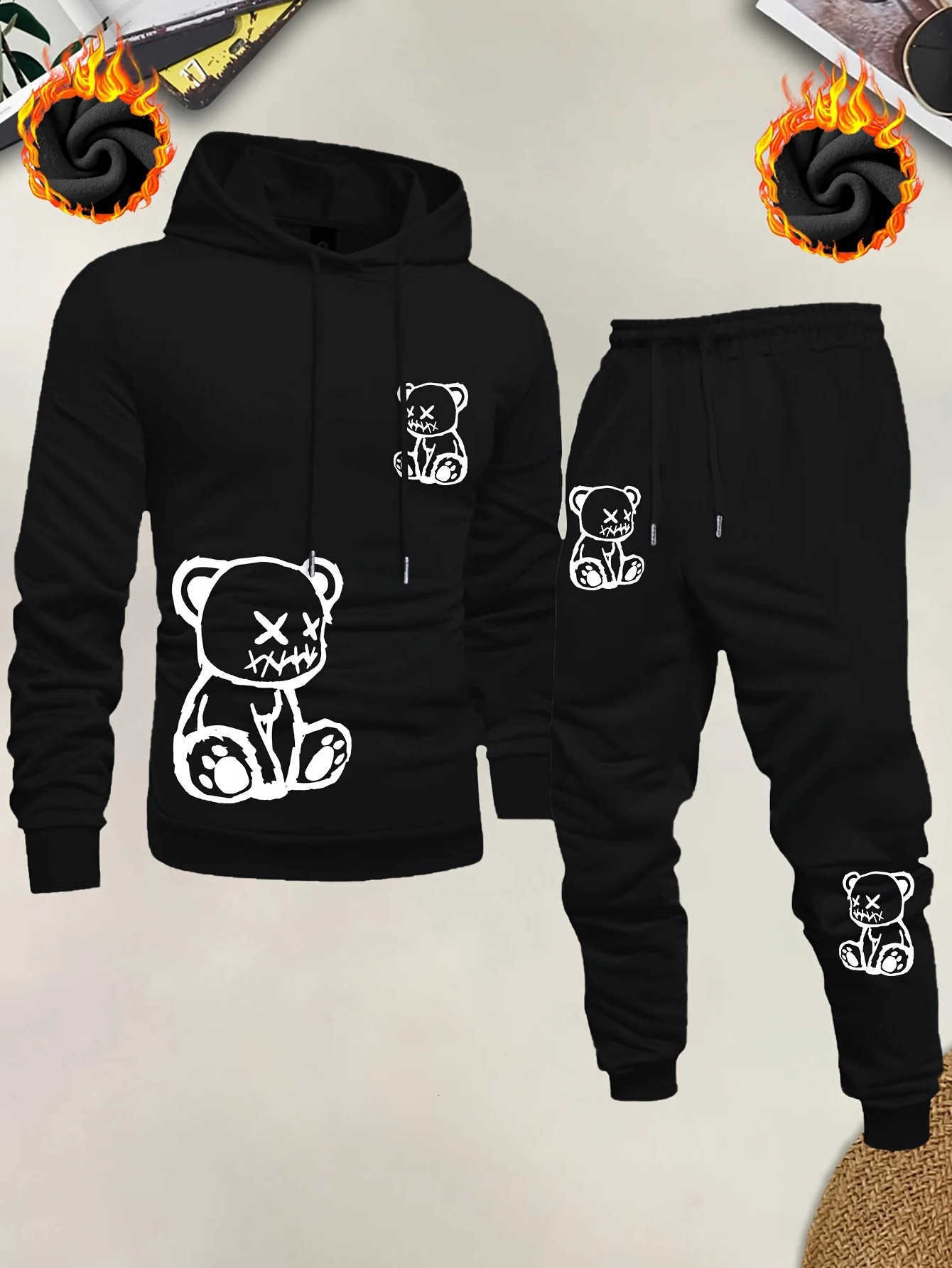 bear Men's Hoodies Sweatshirts 2026 printed sportswear set men's hooded sweatshirt long pants set spring and autumn winter warm suit D2609
