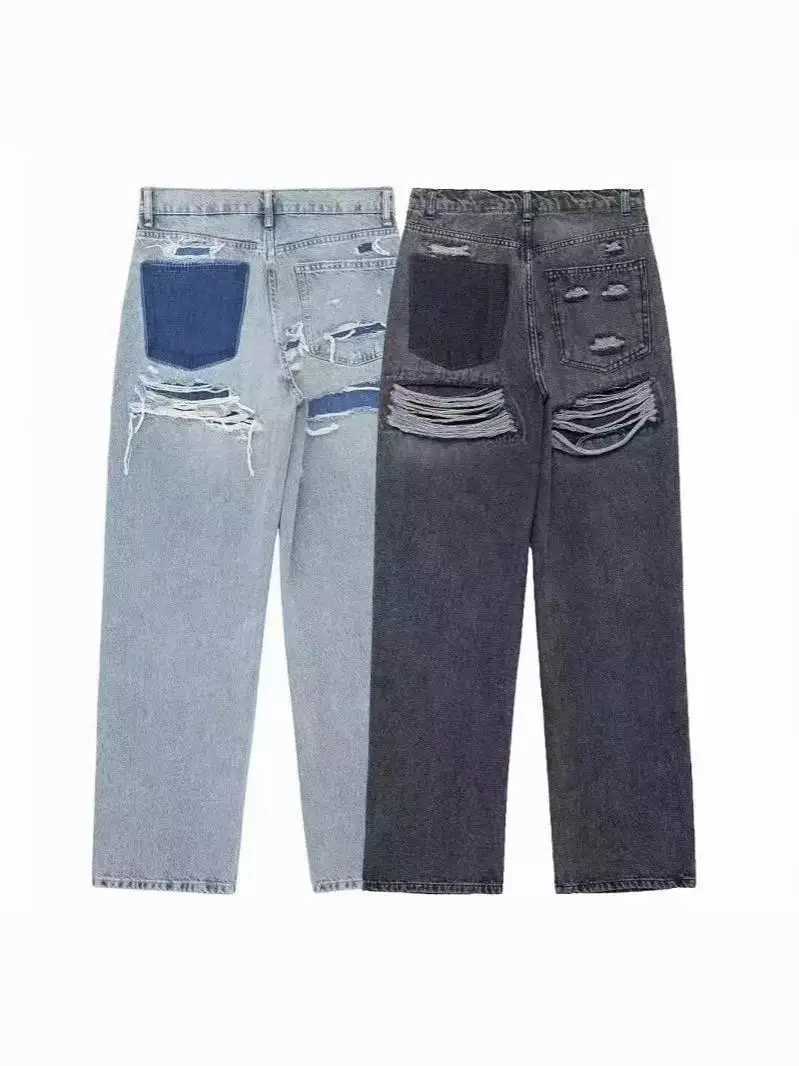 New Women's Street Fashion Denim Blue Jeans Distressed Patchwork High Waist Zipper Fly Ripped Retro Long Pants S260921YUGM