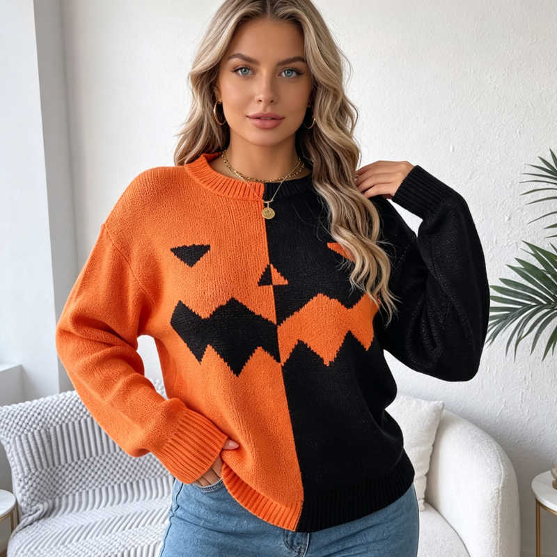 Pullovers Women's Autumn Hallown Pumpkin Face Long Slve Knitted Women's Sweater Winter Round Neck Casual Party Jumpers Tops S2609217IKW
