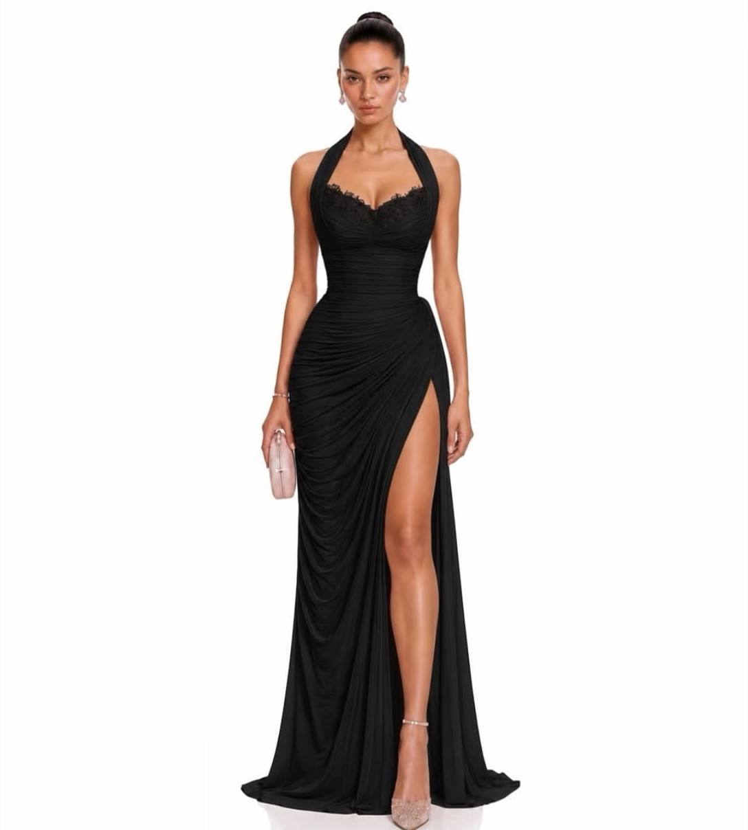 Sexy Long Halter Neck Black Evening Dresses With Slit Mermaid Lace Crepe Pleated Watteau Train Formal Occasion Prom Party Gowns