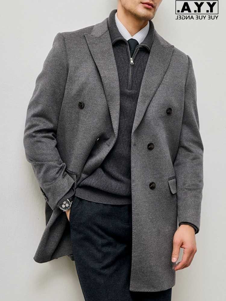 Mens Men's Leisure Wool Blends Turn-Down Collar Double Breasted Trench Coat Solid Color Business Man Casual Long Sleeves Pockets Long Coat D260