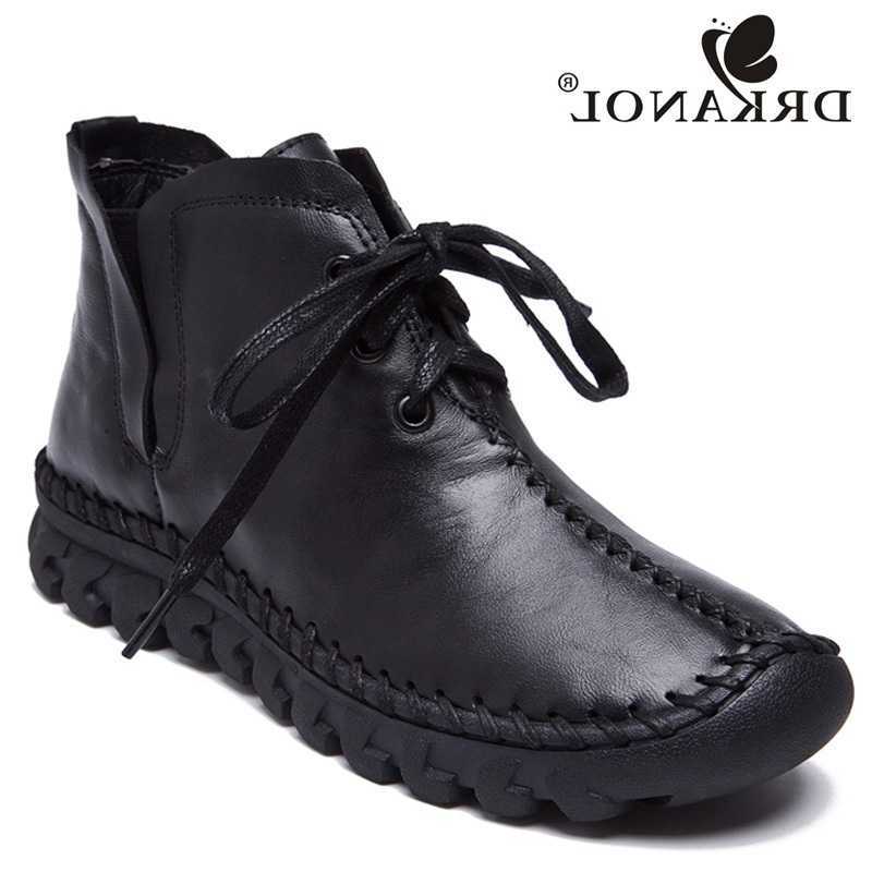 Botas de invierno 2026, botas cálidas DRKANOL para mujer, botines planos de cuero genuino suave para mujer, botines, botas de cuero hechas a mano H7