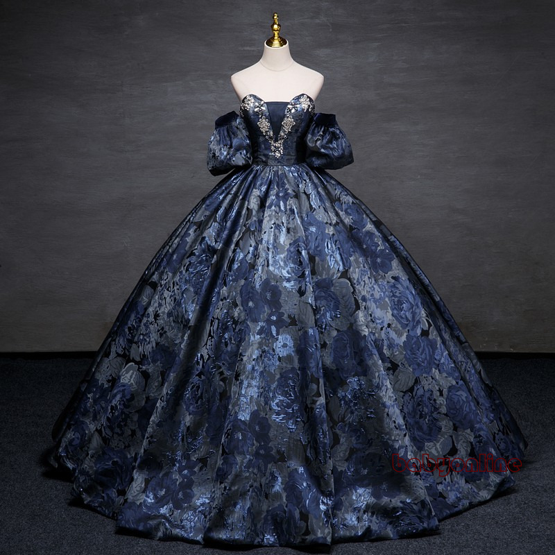 Vintage Dark Navy Ball Gown Quinceanera Dresses Classic Off The Shoulder Removable Sleeves Luxury Party Lace Ball Gown Prom Dress