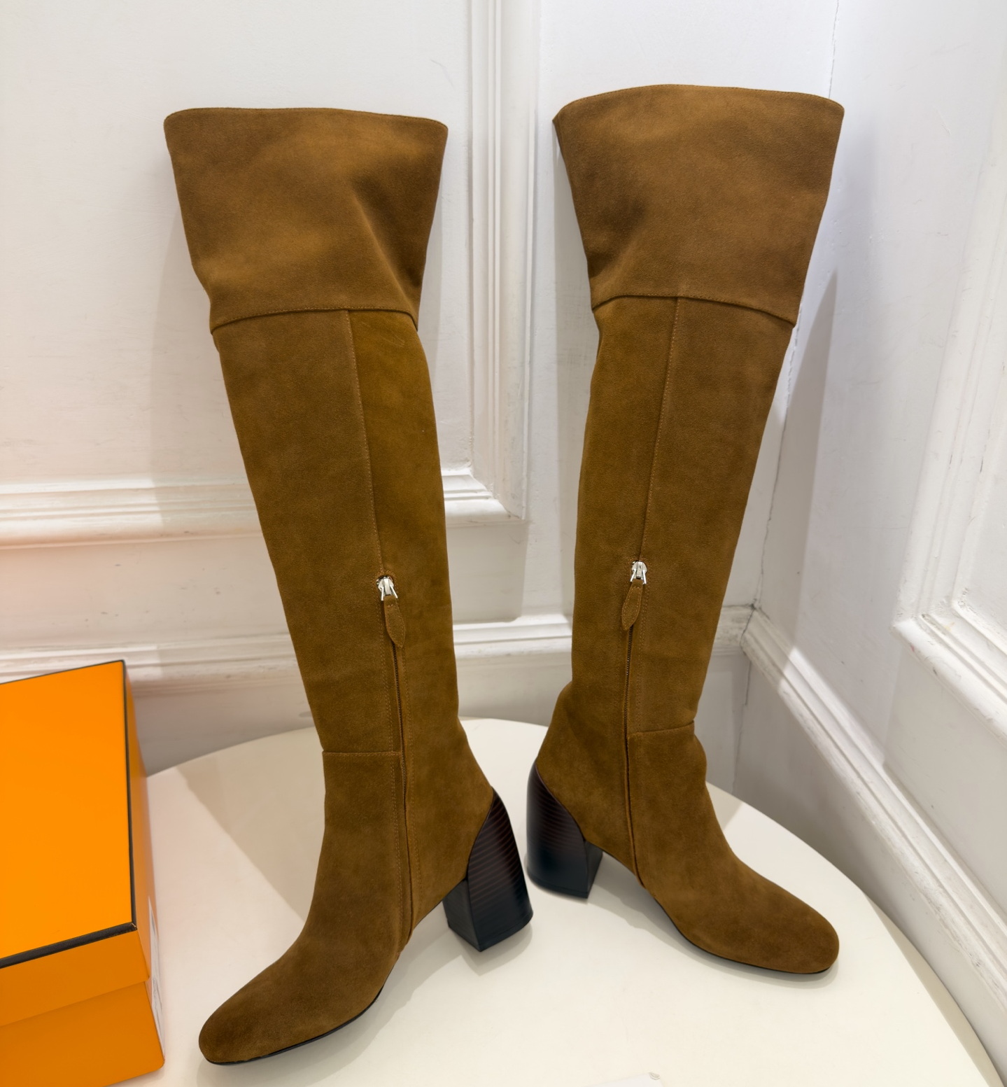 Designer Women Dress Shoes Luxury Boots Med Heels Genuine Leather Over The Knee Boots Natural Cow Suede Casual Shoes Zapatillas De Mujer