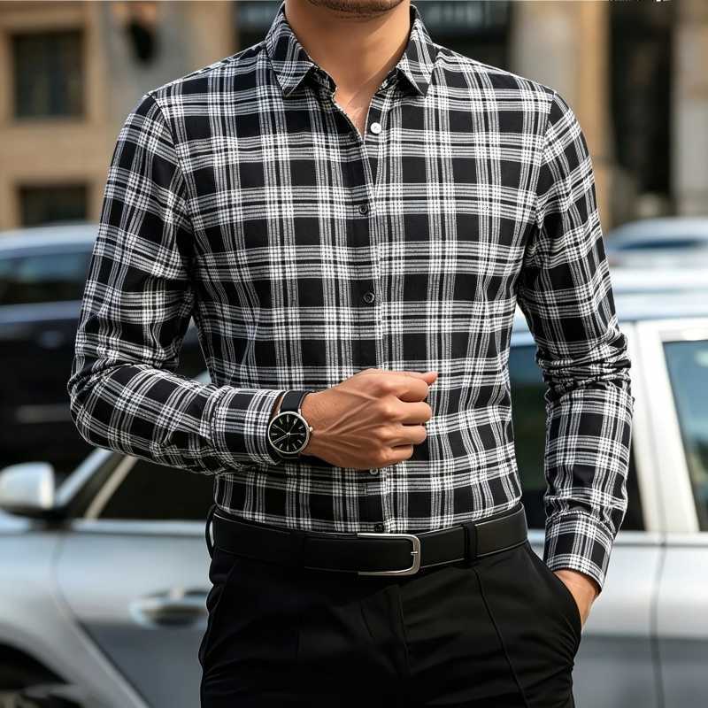 Classic Men's Men's Casual Shirts Black and White Checkered Long-Sleeved Collared Button-Up Dress Shirt for Business Commuting Slim Fit Ve