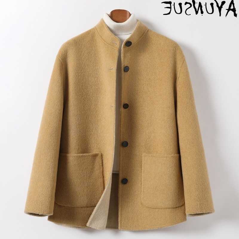 Wool Blends AYUNSUE High Men's Quality 100% Wool Coats for Man Autumn Winter Double-sided Woolen Jacket Stand Collar Reversible Loose Wool Jack