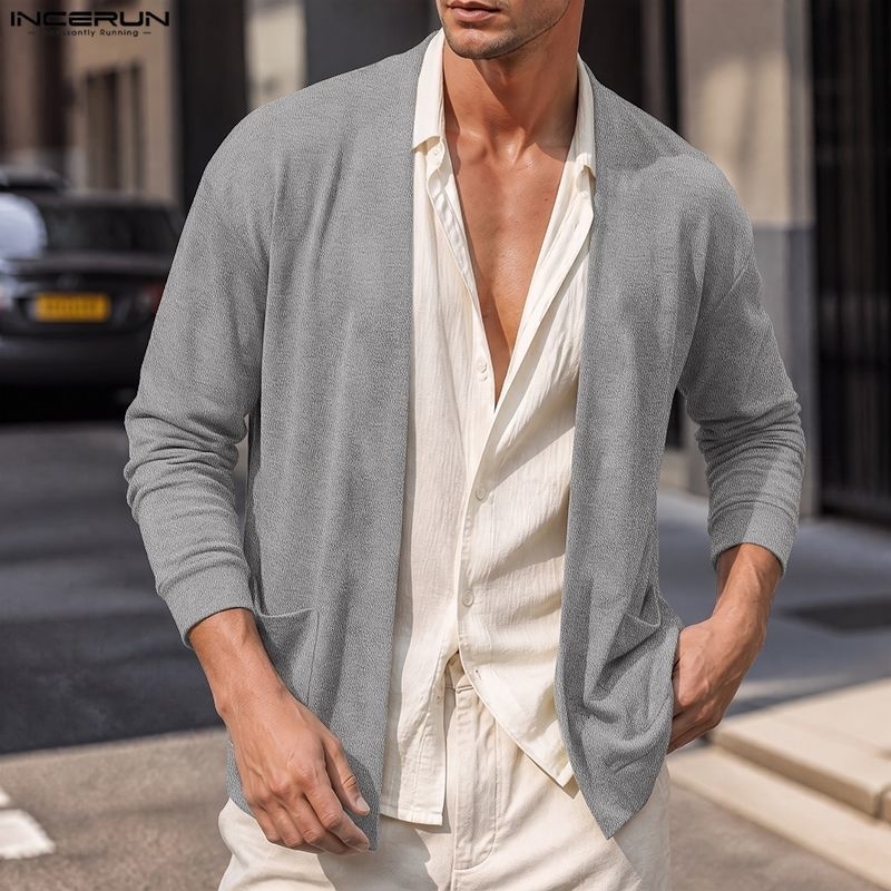 INCERUN Men's Cardigan Solid Color Knitted Long Sleeve Pockets Casual Sweaters For Man Streetwear Open Stitch Men Clothes 2026 y260918