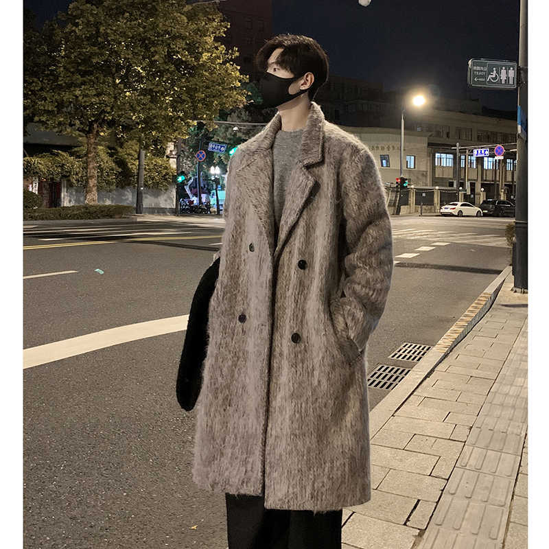 Wool Blends Korean Style Men's Medium-length Men's Trench Autumn Winter Loose Casual Woolen Coat Trendy Overcoat Khaki/Dark Gray D260921