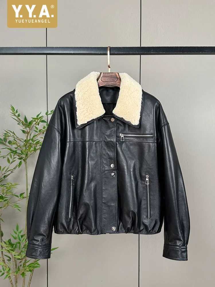 Jackets Women Genuine Leather Women's Jacket Loose Fit Streetwear Winter Padded Liner Warm Lamb Wool Collar Vintage Punk Motorcycle Short Coat
