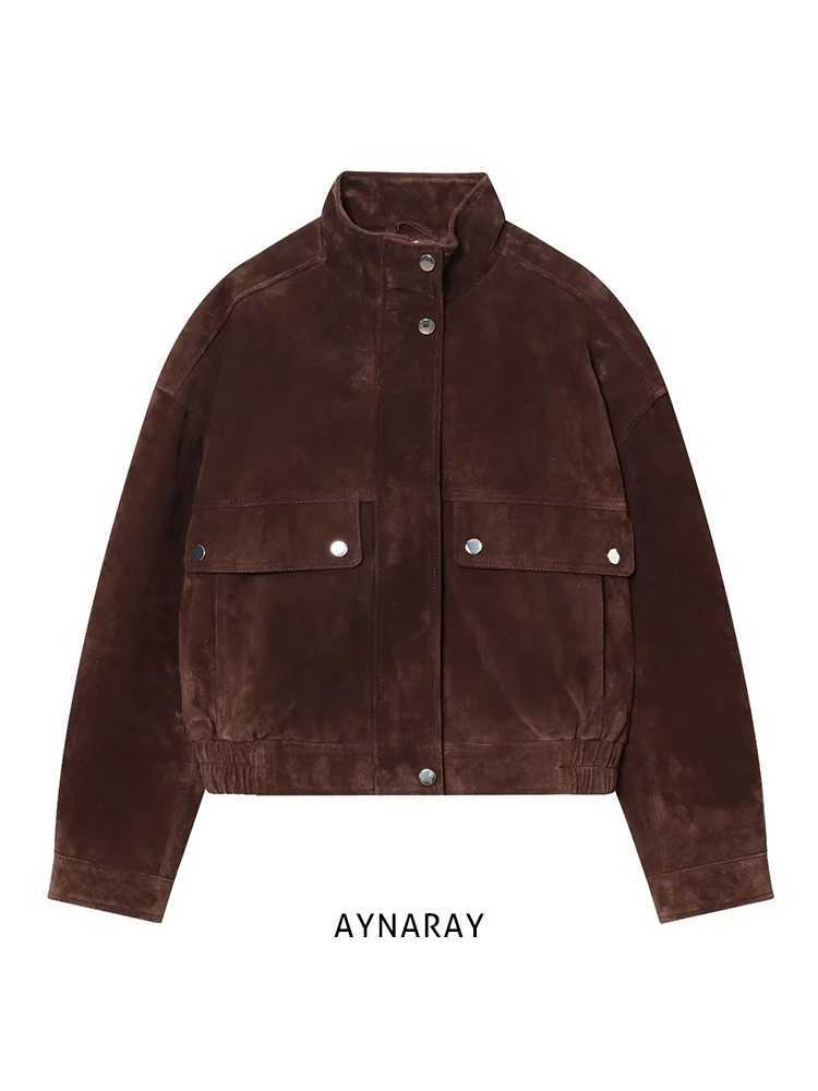 Autumn Aynaray 2026 Women's Jackets Winter Women's Cropped Suede Bomber Jacket Stand Collar Zip Up Short Vintage Flight Jacket Outerwear C