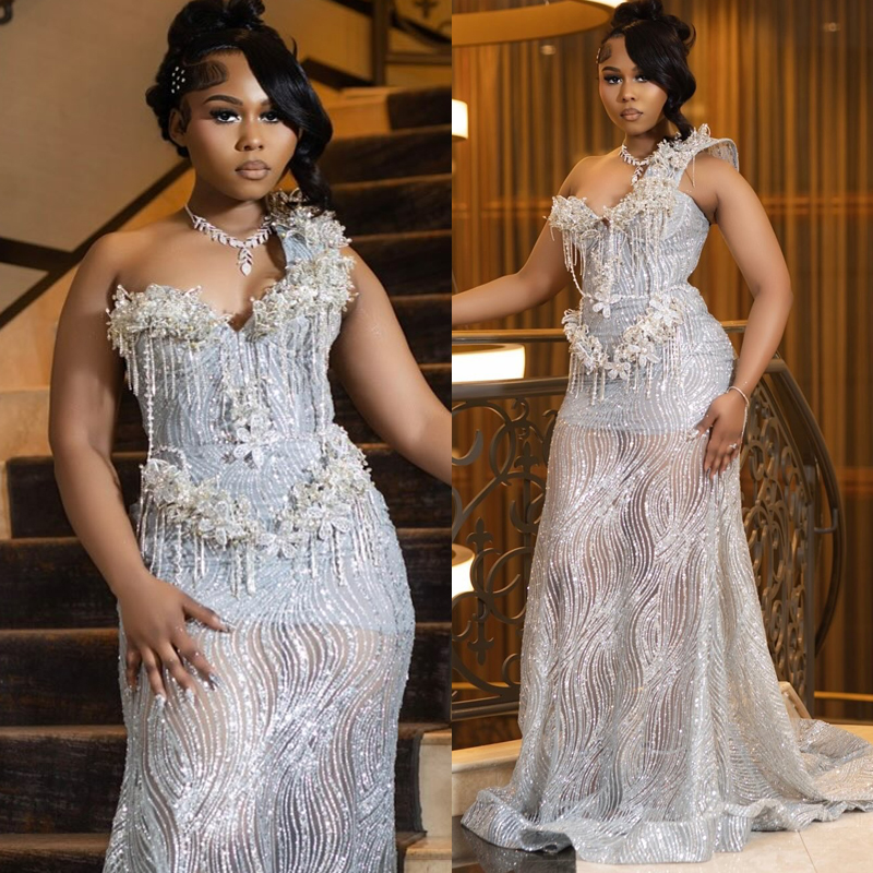Plus Size Silver Prom Dress 2026 Robe De Sorrie Mermaid Evening Dresses One Shoulder Flora Pearls Beaded Lace Crystals Birthday Dress Second Recepti