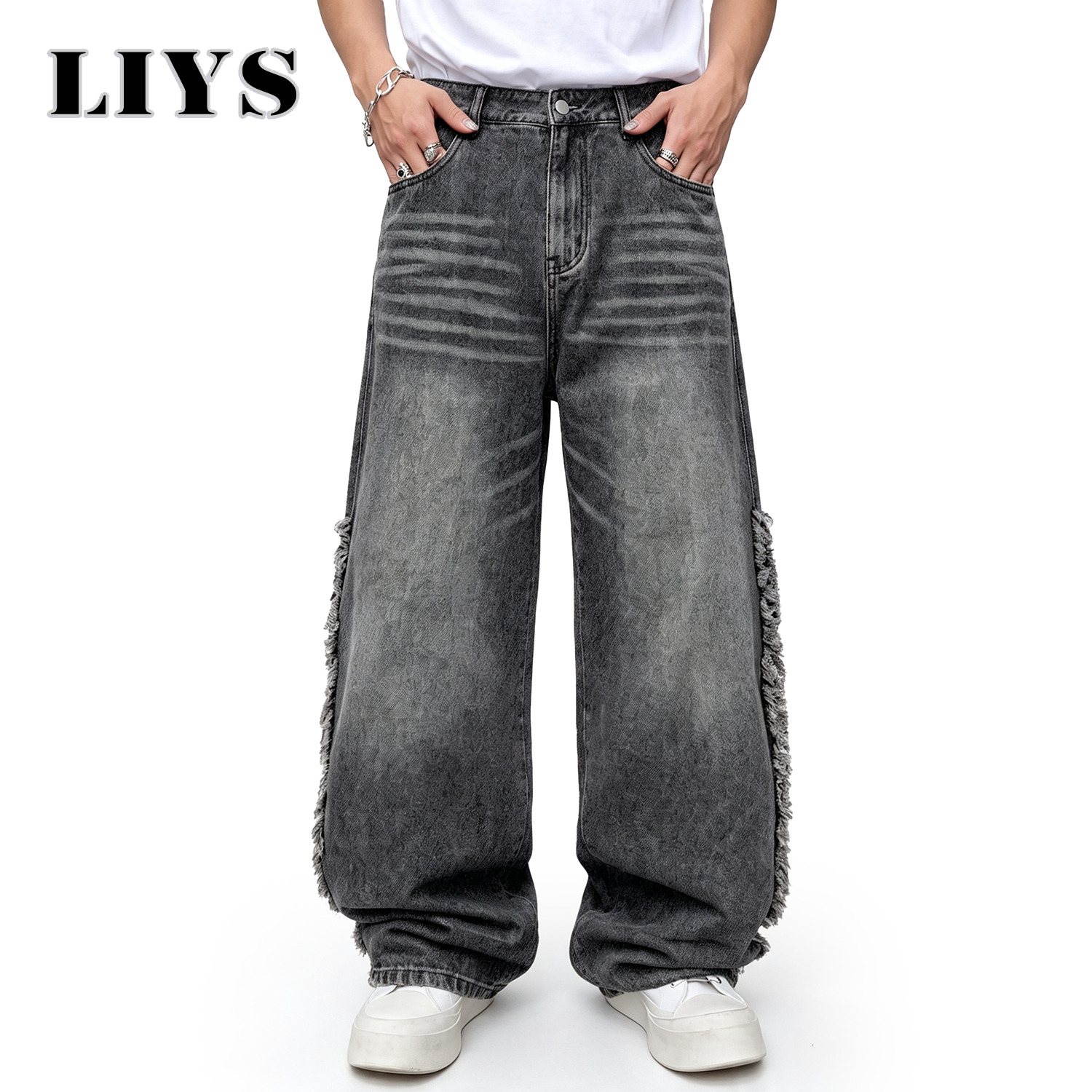 LIYS Men's Black Fringe Tassel Baggy Wide Leg Jeans Unisex Grunge Punk Distressed Denim Pants Street Rock Gothic Clothing 26L0921