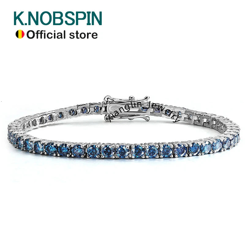 KNOBSPIN Blue Moissanite Tennis Bracelets for Women Man 3mm 4mm Lab Grow Diamond with Certificate 925 Silver Plated 18k Bracelet