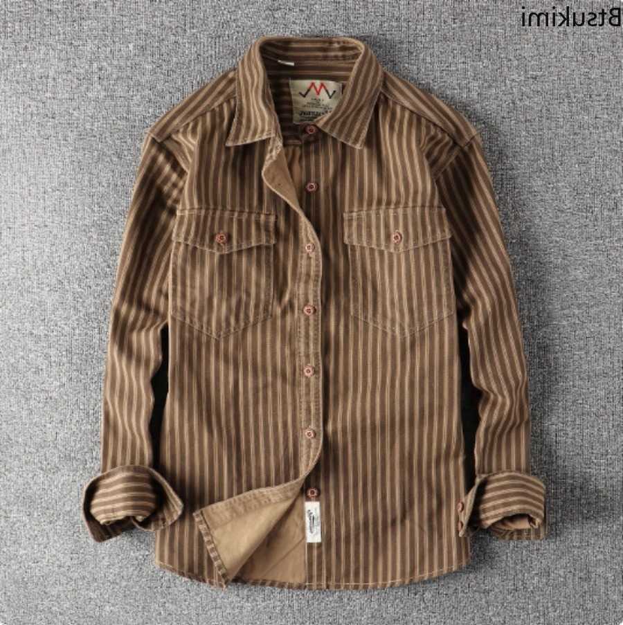 Spring Men's Casual Shirts 2026 and Autumn New Fashion Retro Woven Striped Cargo Shirt Men's Comfort 100% Cotton Washed Double Pockets Shi
