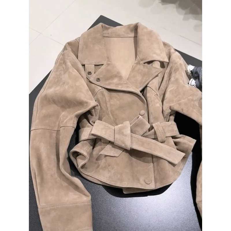 Retro Women's Jackets High Maillard Grade Flip Collar Suede Short Coat for Women Autumn Waist Motorcycle Jacket Female Clothing C260921