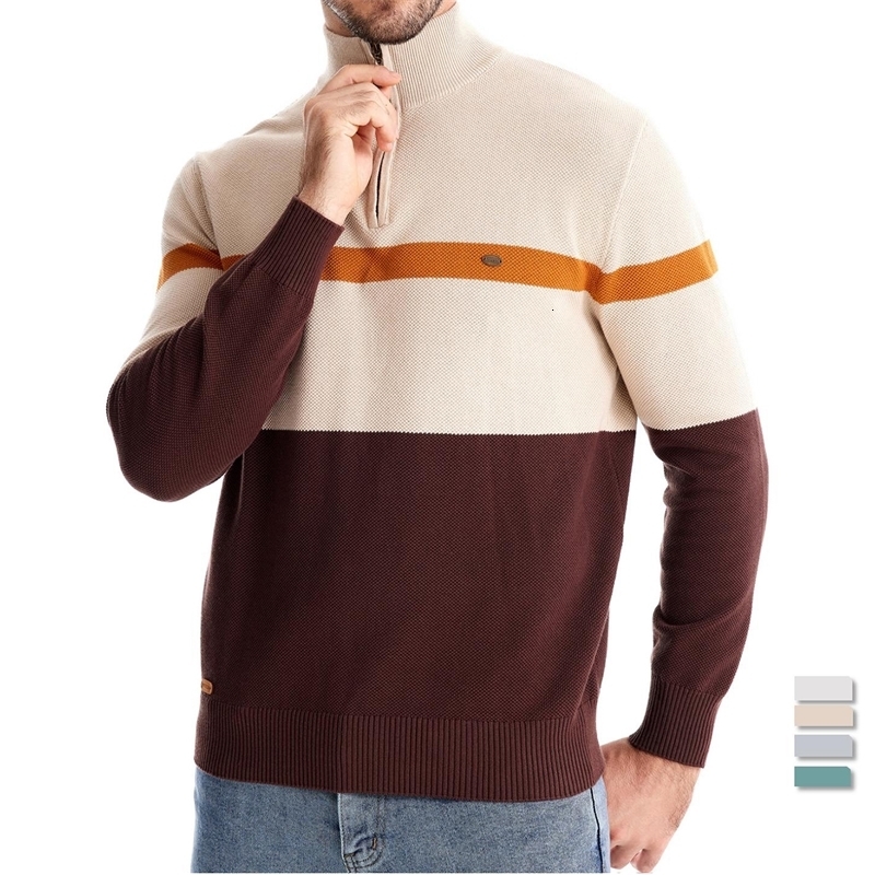 AIOPESON High Quality Cotton Sweater for Men Zipper Mock Neck Pullovers Autumn Winter Striped Warm Mens Polo y260918