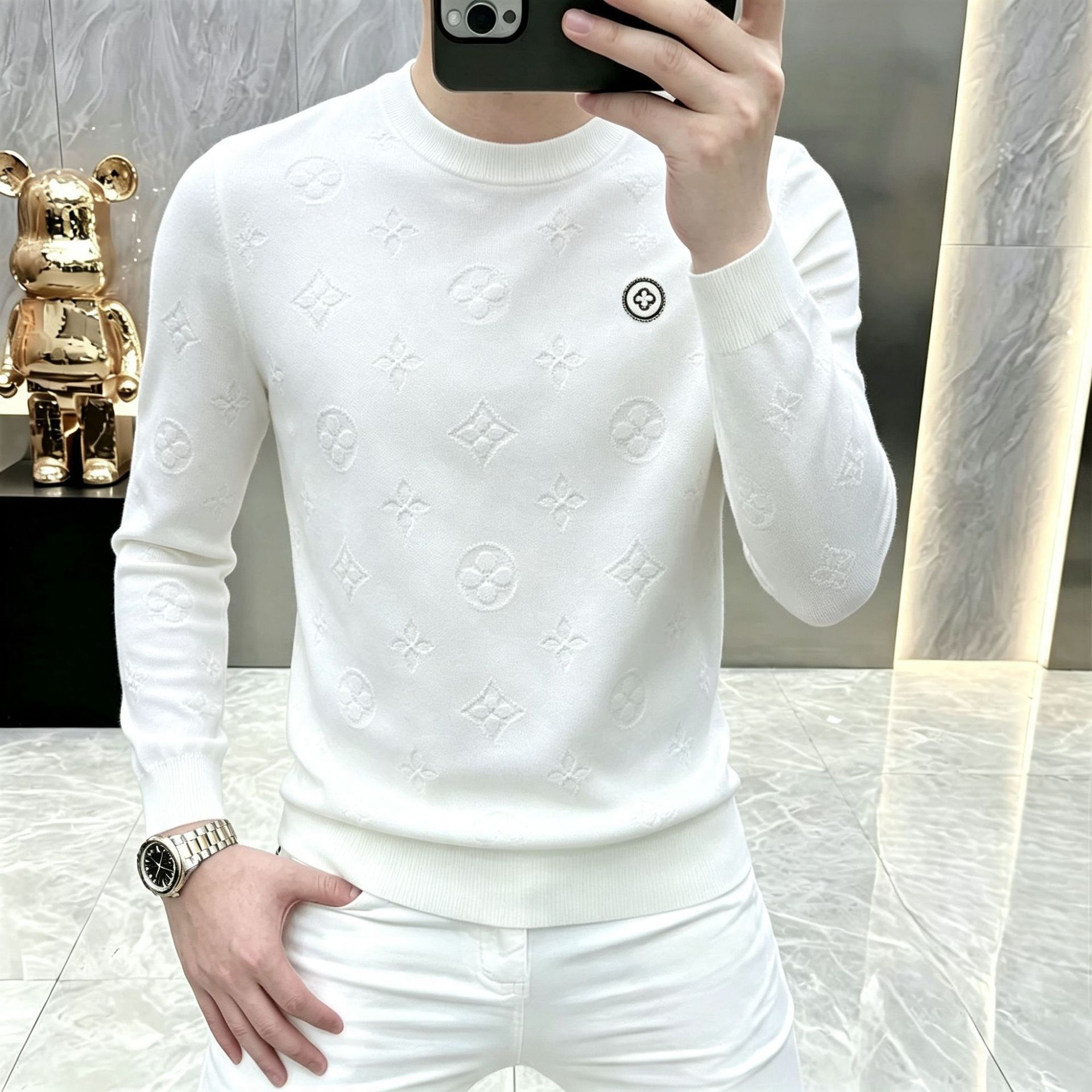 Luxury High-end Men's Wool Sweater For Autumn And Winter, Round Neck, Jacquard Pattern, Slim Fit, Versatile Base Sweater