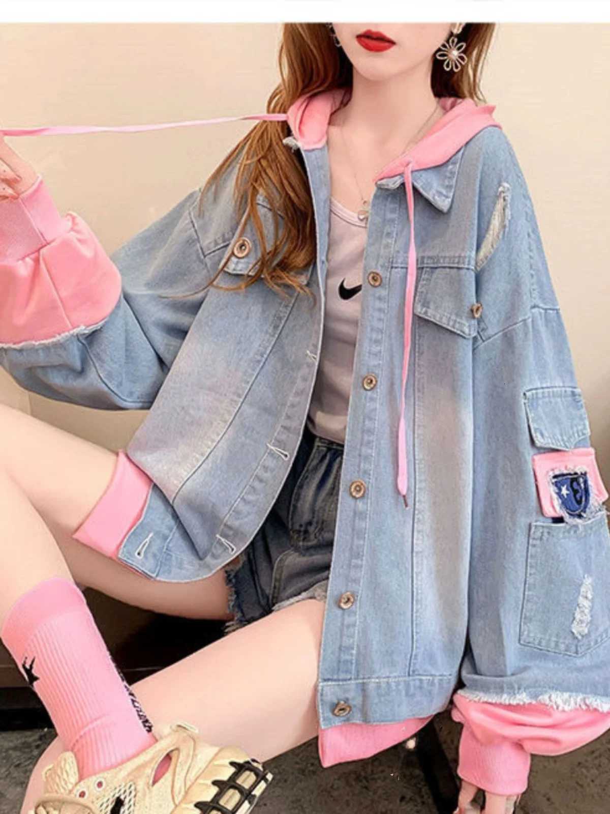 Denim Women's Women's ort Jackets Jaet Spring Autumn New Sle Retro Hooded Loose Casual High Street Top Faion Versatile Loose Fit Jean... C