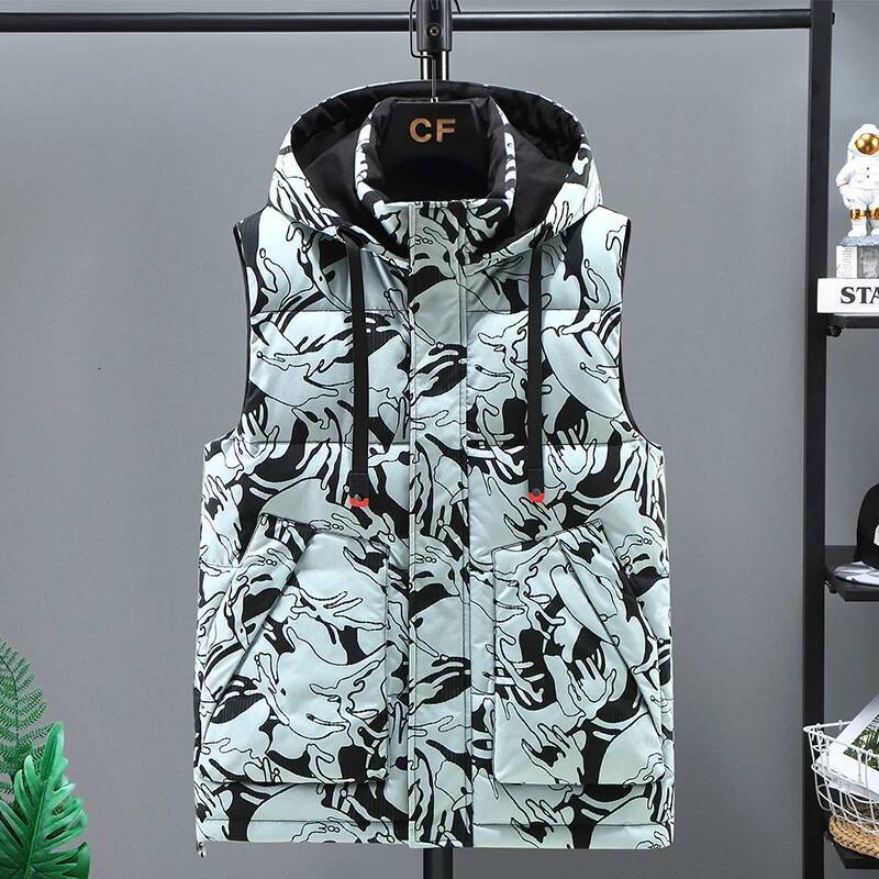 Men's Outdoor Mountaineering Hiking Fashion Trend Tank Top Camouflage Autumn Winter Thickened Warm and Cold Proof Hooded Vest J260921