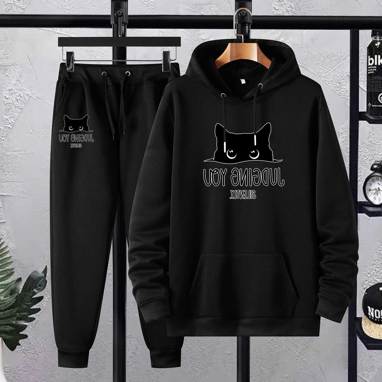 cat Men's 2026 Hoodies Sweatshirts printed sportswear set men's hooded sweatshirt long pants set spring and autumn winter warm suit D26092