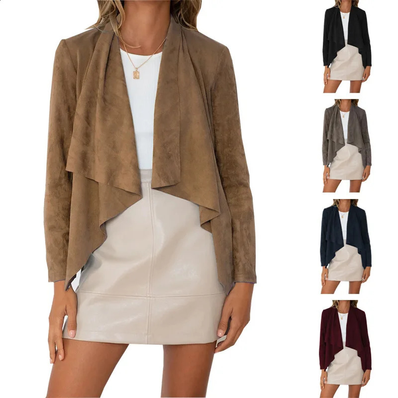 Women Chic Retro Solid Suede Lapel Jackets Casual Waist Long Sleeves Coats 2025 Autumn Lady Street Outerwear 260920