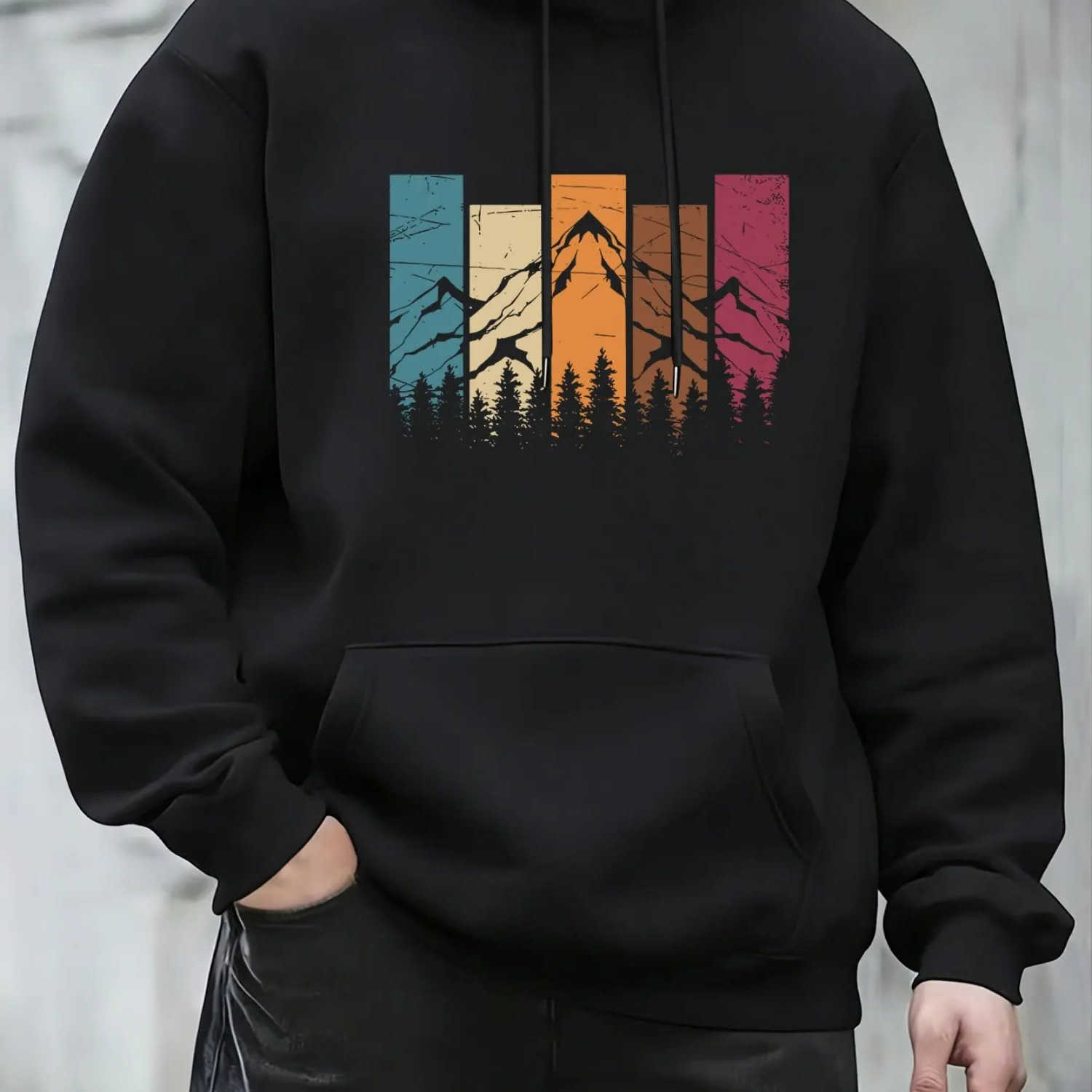 and Men's Hoodies Sweatshirts Autumn winter men's hooded sweatshirt retro contrasting color mountain forest print hip-hop casual style uni