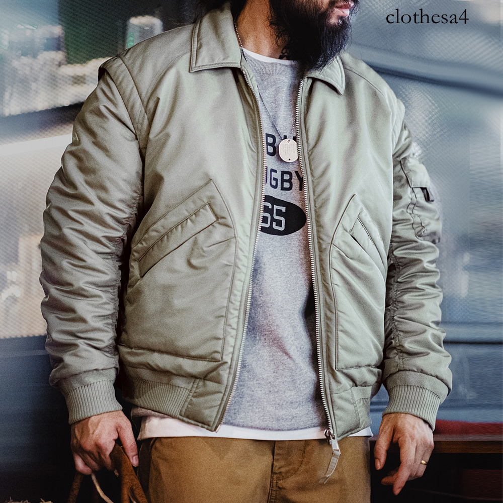 Maden Retro CWU-45P Pilot Jacket Grayish Green Warm Cotton-padded Coat Lapel Versatile Jackets Men's Autumn and Winter Outerwear