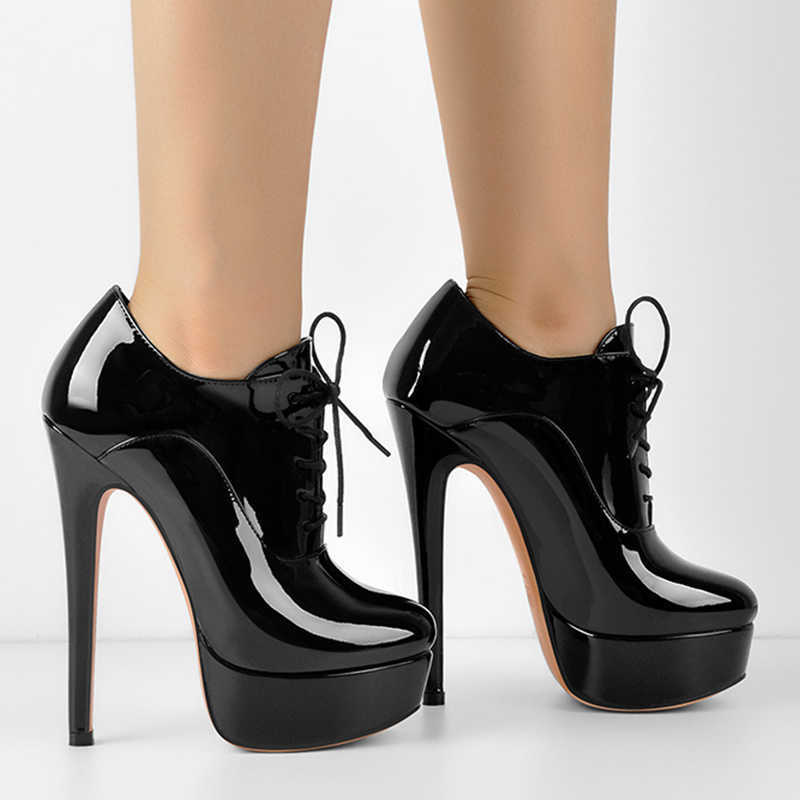 Botines Onlymaker para mujer, botas de plataforma de charol, tacón alto con cordones, Stiletto, cómodos botines sexis de talla grande H260921