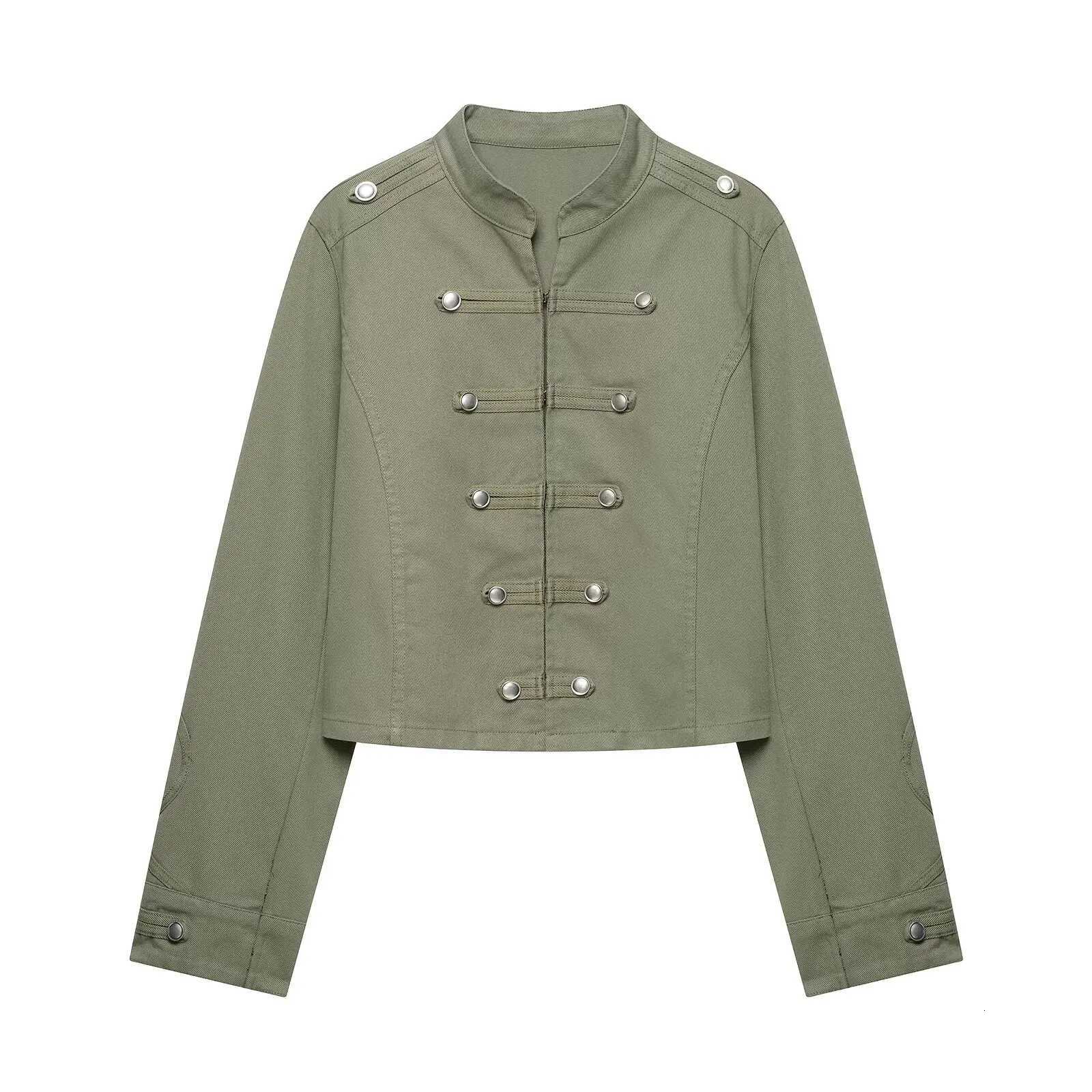Women's Jackets 2026 Autumn Women's Elegant Napoleon Army Green Denim Button Jackets Lady Vintage Military Cropped High Street Short Coats